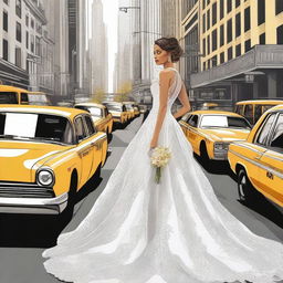 A beautiful bride standing in the bustling streets of New York City, illustrated in a detailed drawing style