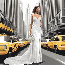 A beautiful bride standing in the bustling streets of New York City, illustrated in a detailed drawing style