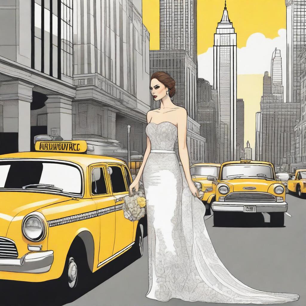 A beautiful bride standing in the bustling streets of New York City, illustrated in a detailed drawing style