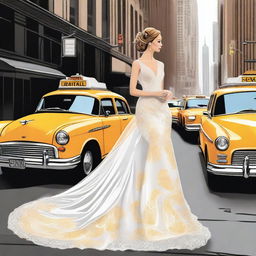 A beautiful bride standing in the bustling streets of New York City, illustrated in a detailed drawing style