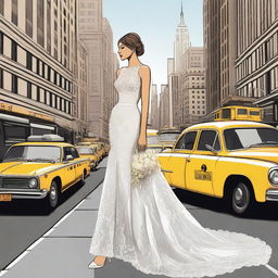 A beautiful bride standing in the bustling streets of New York City, illustrated in a detailed drawing style