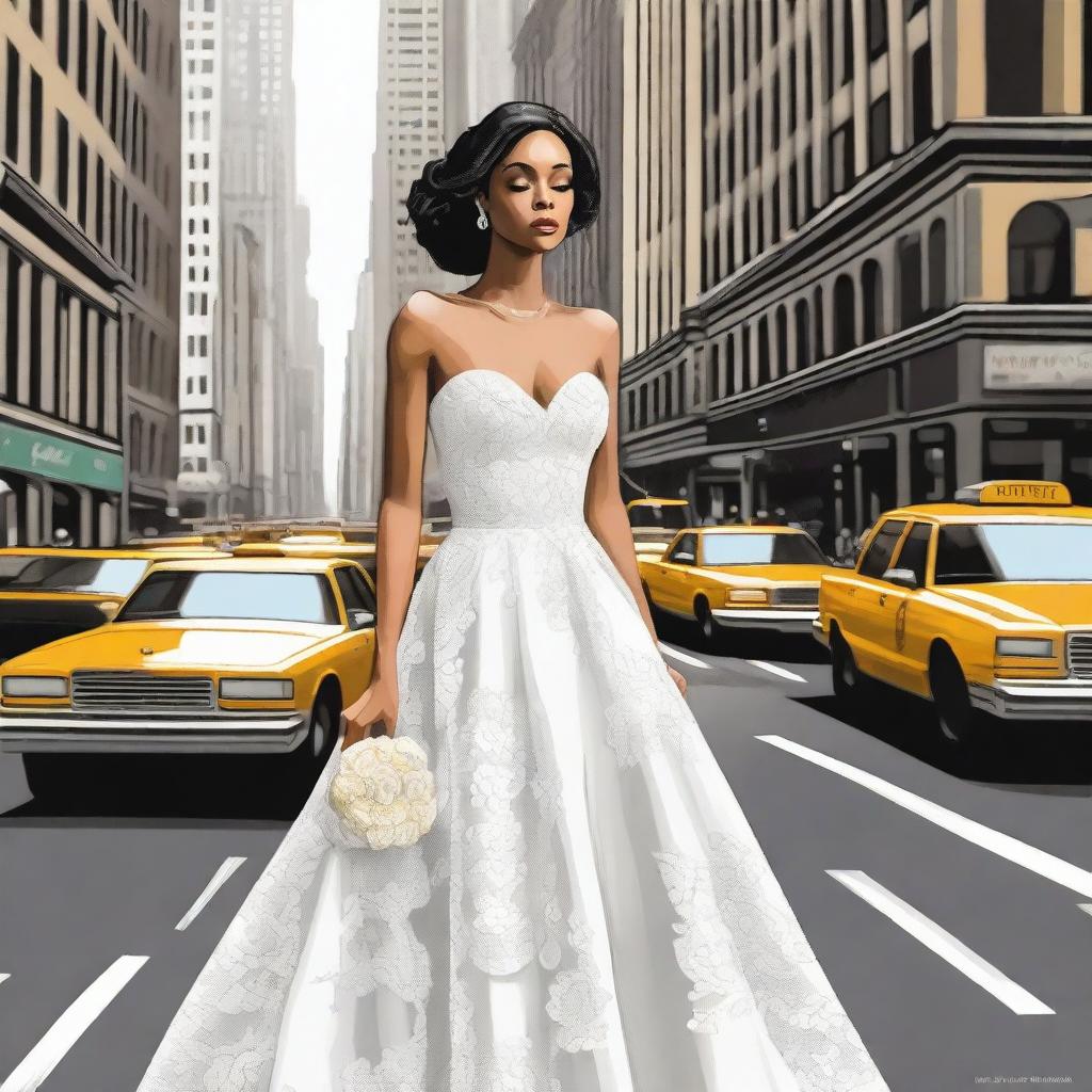 A beautiful bride standing in the bustling streets of New York City, illustrated in a detailed drawing style