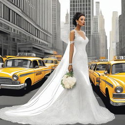 A beautiful bride standing in the bustling streets of New York City, illustrated in a detailed drawing style