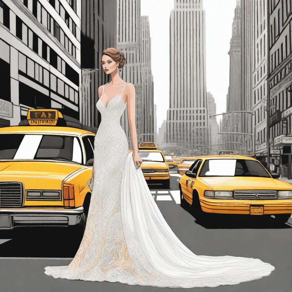 A beautiful, tall bride standing in the bustling streets of New York City, illustrated in a detailed drawing style