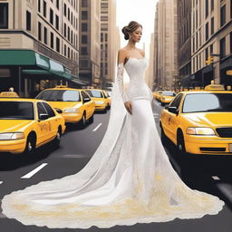 A beautiful, tall bride standing in the bustling streets of New York City, illustrated in a detailed drawing style