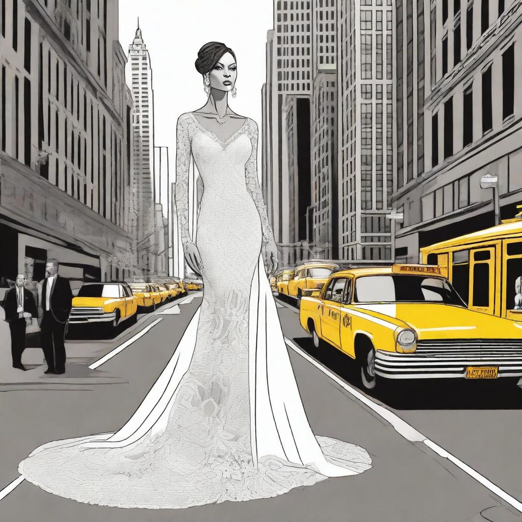 A beautiful, tall bride standing in the bustling streets of New York City, illustrated in a detailed drawing style