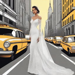 A beautiful, tall bride standing in the bustling streets of New York City, illustrated in a detailed drawing style