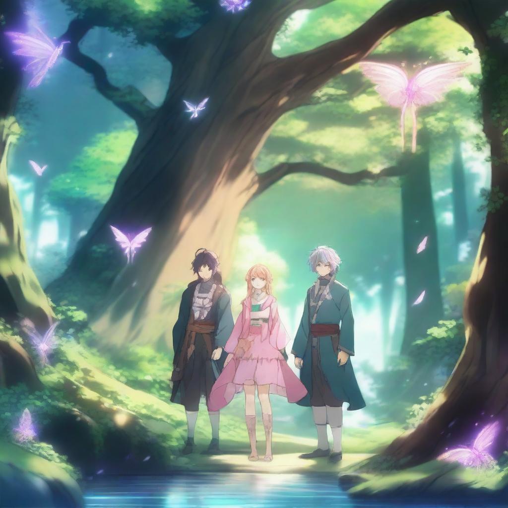 A stunning fantasy anime scene featuring a magical forest with towering trees, sparkling streams, and mythical creatures