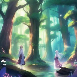 A stunning fantasy anime scene featuring a magical forest with towering trees, sparkling streams, and mythical creatures