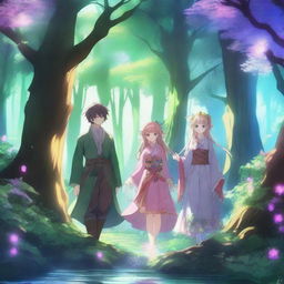 A stunning fantasy anime scene featuring a magical forest with towering trees, sparkling streams, and mythical creatures