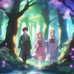 A stunning fantasy anime scene featuring a magical forest with towering trees, sparkling streams, and mythical creatures