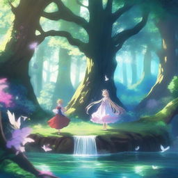 A stunning fantasy anime scene featuring a magical forest with towering trees, sparkling streams, and mythical creatures