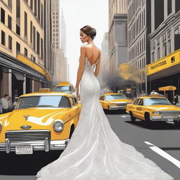 A beautiful, tall bride standing in the bustling streets of New York City, illustrated in a detailed drawing style