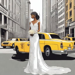 A beautiful, tall bride standing in the bustling streets of New York City, illustrated in a detailed drawing style