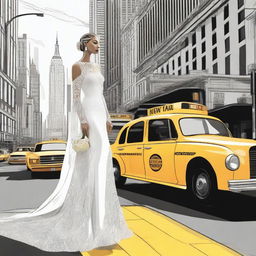 A beautiful, tall bride standing in the bustling streets of New York City, illustrated in a detailed drawing style