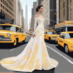 A beautiful, tall bride standing in the bustling streets of New York City, illustrated in a detailed drawing style