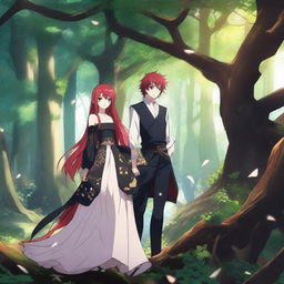 A captivating fantasy anime scene featuring a red-haired girl and a black-haired boy in a magical forest