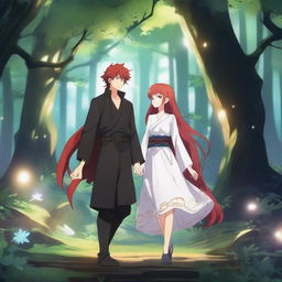 A captivating fantasy anime scene featuring a red-haired girl and a black-haired boy in a magical forest