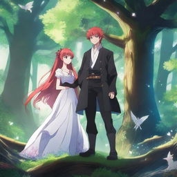 A captivating fantasy anime scene featuring a red-haired girl and a black-haired boy in a magical forest