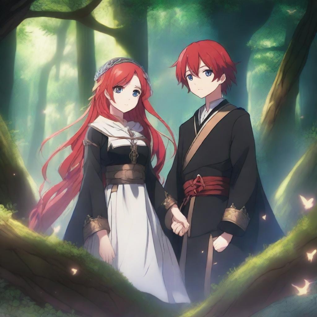 A captivating fantasy anime scene featuring a red-haired girl and a black-haired boy in a magical forest