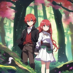 A captivating fantasy anime scene featuring a red-haired girl with shoulder-length hair and a black-haired boy in a magical forest