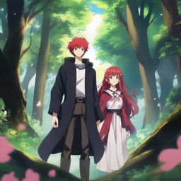 A captivating fantasy anime scene featuring a red-haired girl with shoulder-length hair and a black-haired boy in a magical forest