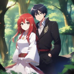 A captivating fantasy anime scene featuring a red-haired girl with shoulder-length hair and a black-haired boy in a magical forest