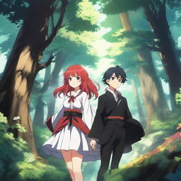 A captivating fantasy anime scene featuring a red-haired girl with shoulder-length hair and a black-haired boy in a magical forest