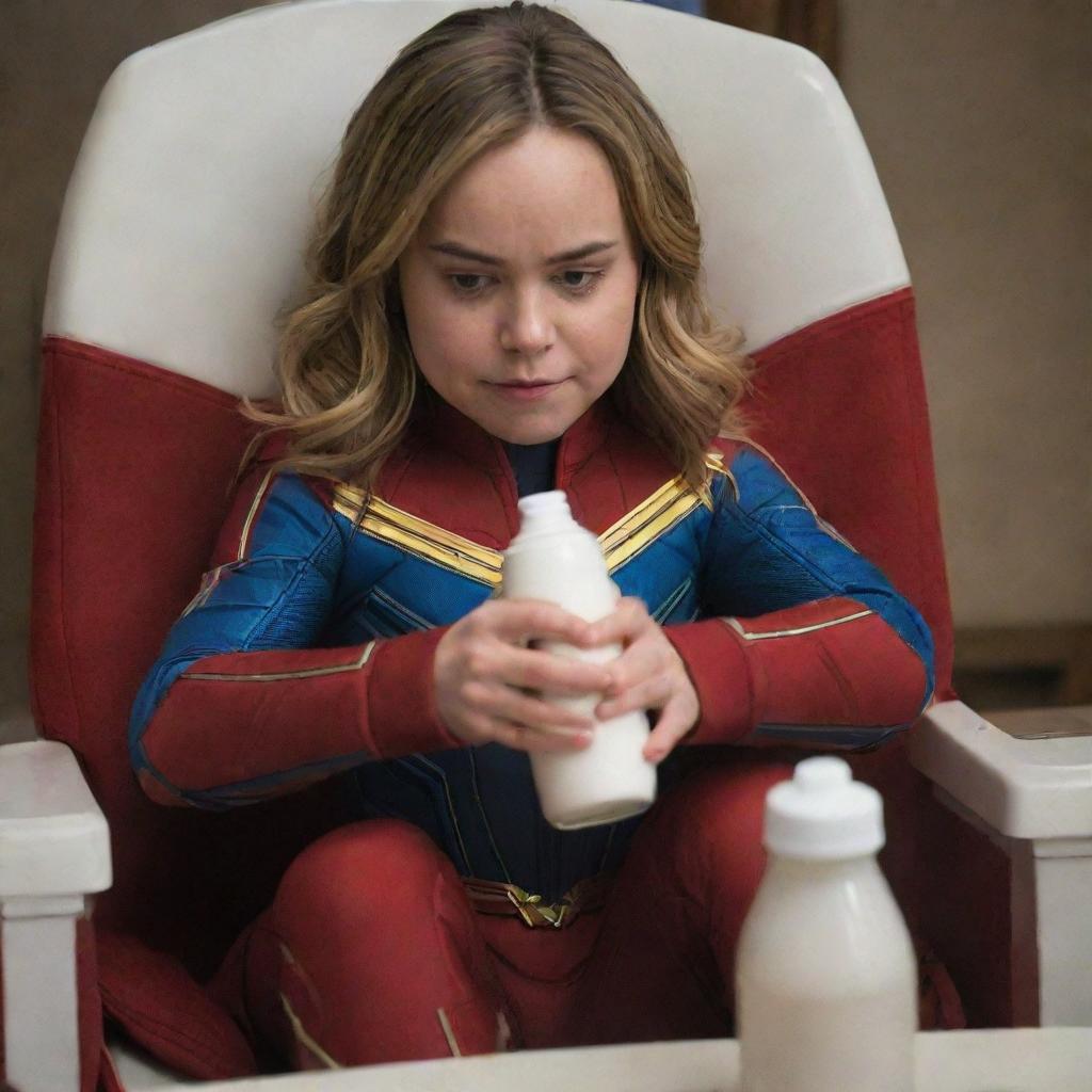 Brie Larson as Captain Marvel in a playful scene sitting snugly in a baby chair with her cheeks adorably full, as she enjoys a bottle of milk.