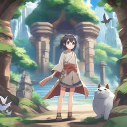 A vibrant and fantastical isekai scene featuring a young protagonist in a magical world filled with mythical creatures, enchanted forests, and ancient ruins