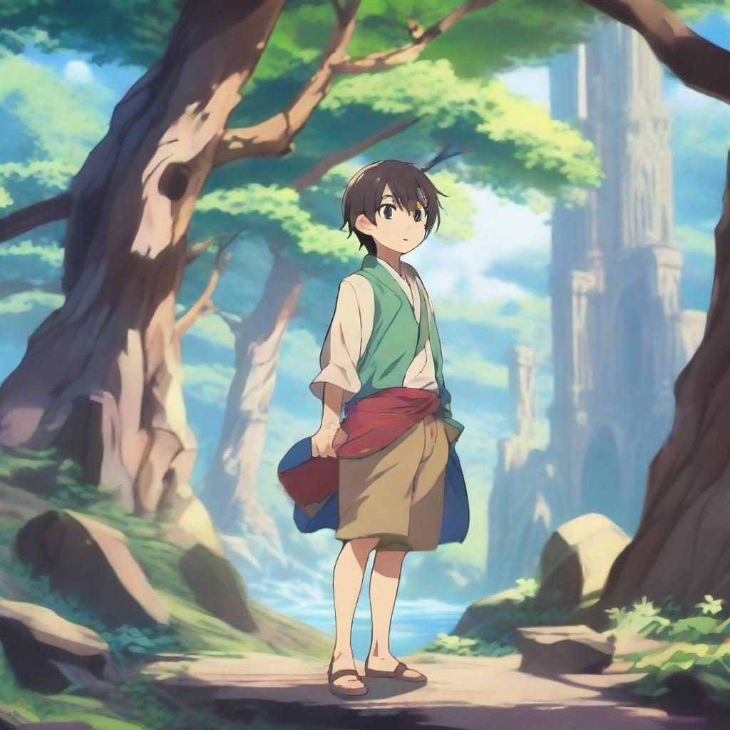 A vibrant and fantastical isekai scene featuring a young protagonist in a magical world filled with mythical creatures, enchanted forests, and ancient ruins