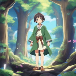 A vibrant and fantastical isekai scene featuring a young protagonist in a magical world filled with mythical creatures, enchanted forests, and ancient ruins