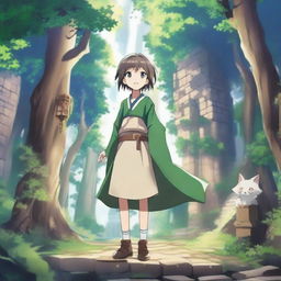 A vibrant and fantastical isekai scene featuring a young protagonist in a magical world filled with mythical creatures, enchanted forests, and ancient ruins