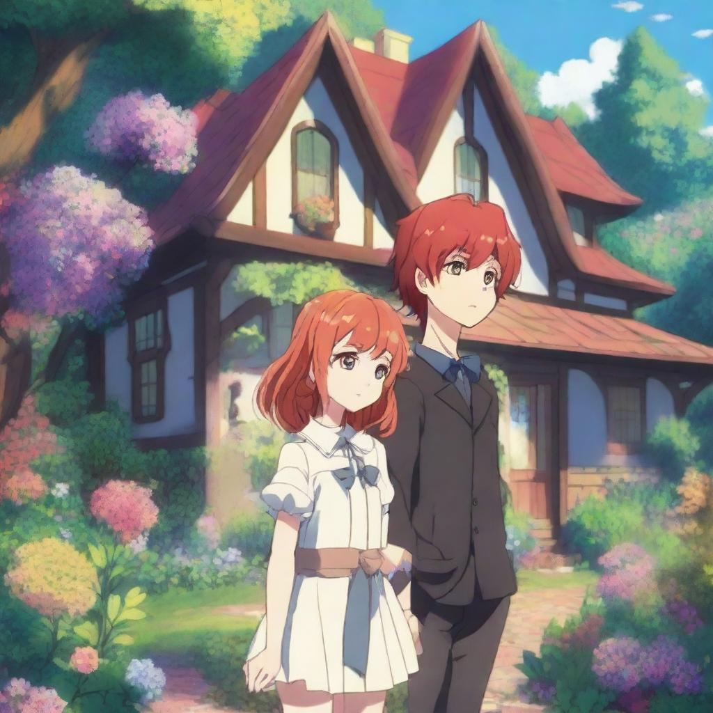 A fantasy anime scene featuring a red-haired girl with shoulder-length hair and a black-haired boy standing in front of a house in the forest