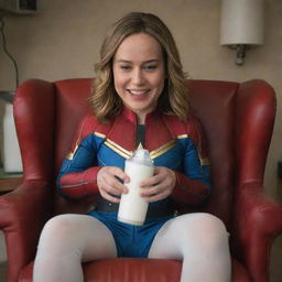 Brie Larson as Captain Marvel in a playful scene sitting snugly in a baby chair with her cheeks adorably full, as she enjoys a bottle of milk.