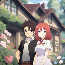 A fantasy anime scene featuring a red-haired girl with shoulder-length hair and a black-haired boy standing in front of a house in the forest