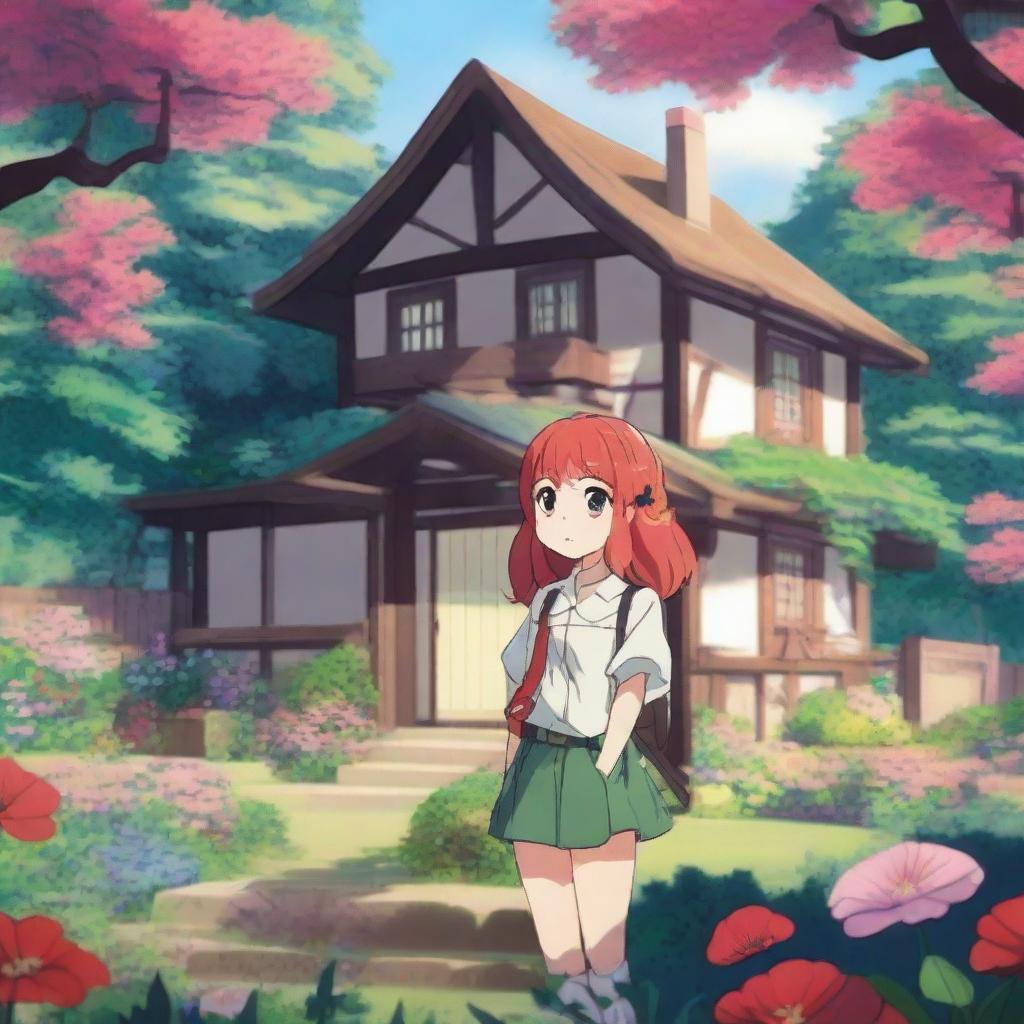 A fantasy anime scene featuring a red-haired girl with shoulder-length hair and a black-haired boy standing in front of a house in the forest