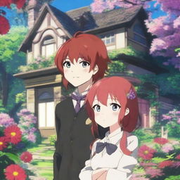 A fantasy anime scene featuring a red-haired girl with shoulder-length hair and a black-haired boy standing in front of a house in the forest