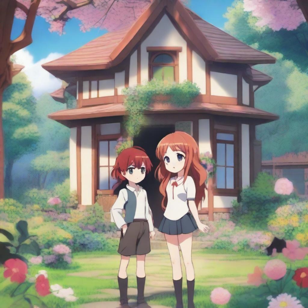 A fantasy anime scene featuring a red-haired girl with shoulder-length hair, standing 1