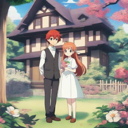 A fantasy anime scene featuring a red-haired girl with shoulder-length hair, standing 1