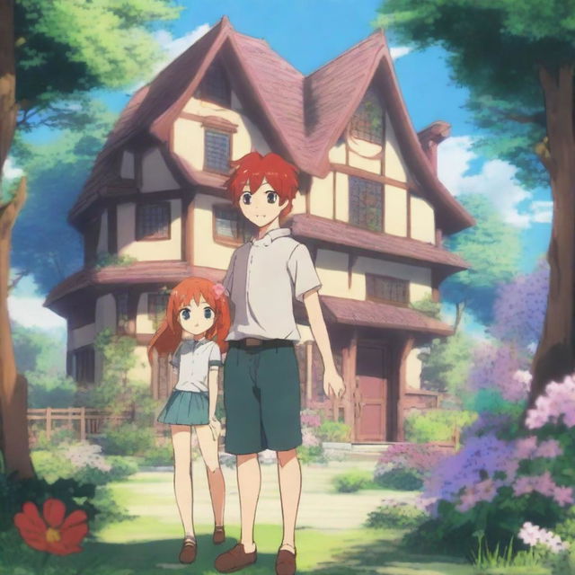 A fantasy anime scene featuring a red-haired girl with shoulder-length hair, standing 1