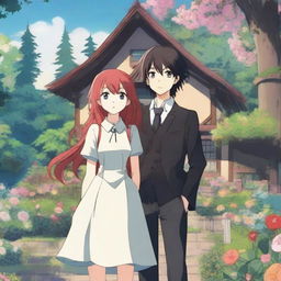 A fantasy anime scene featuring a red-haired girl with shoulder-length hair, standing 1