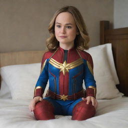 Brie Larson as Captain Marvel playfully portrayed as an adult-size baby, complete with all the cute and humorous elements that come with such an imaginative representation.