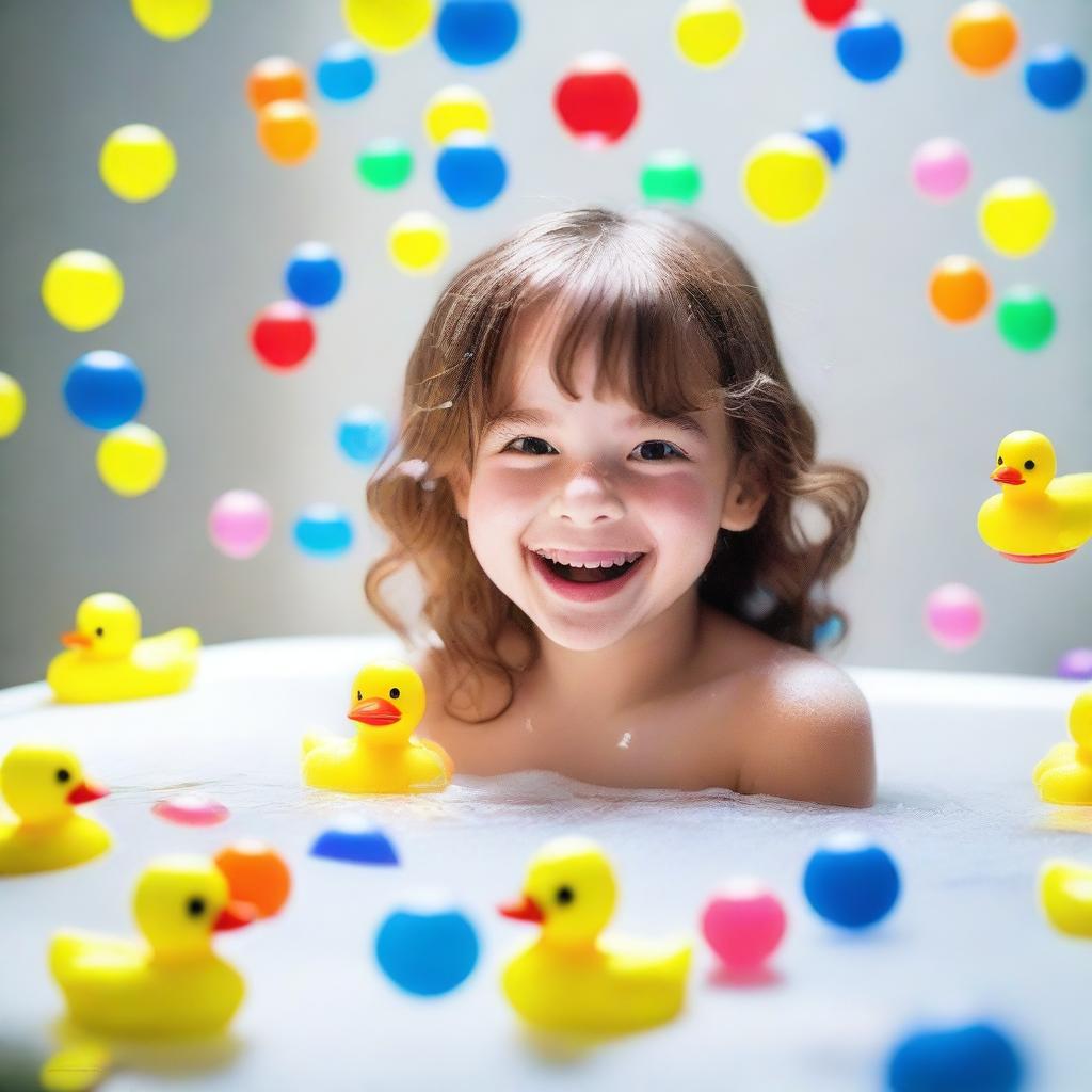 A young girl happily playing in a bathtub filled with bubbles