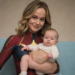 Brie Larson as Captain Marvel playfully portrayed as an adult-size baby, complete with all the cute and humorous elements that come with such an imaginative representation.