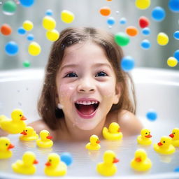 A young girl happily playing in a bathtub filled with bubbles