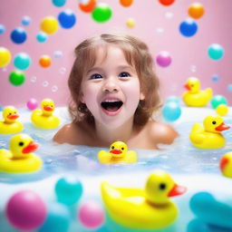 A young girl happily playing in a bathtub filled with bubbles