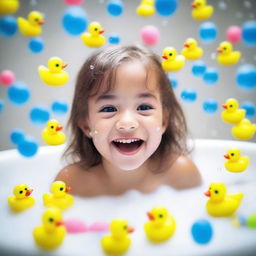 A young girl happily playing in a bathtub filled with bubbles