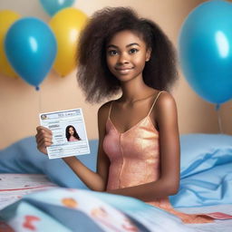 An 18-year-old astonishingly beautiful skinny petite African-Vietnamese woman with a face resembling Sarah Hyland, holding a long paper receipt