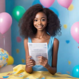 An 18-year-old astonishingly beautiful skinny petite African-Vietnamese woman with a face resembling Sarah Hyland, holding a long paper receipt